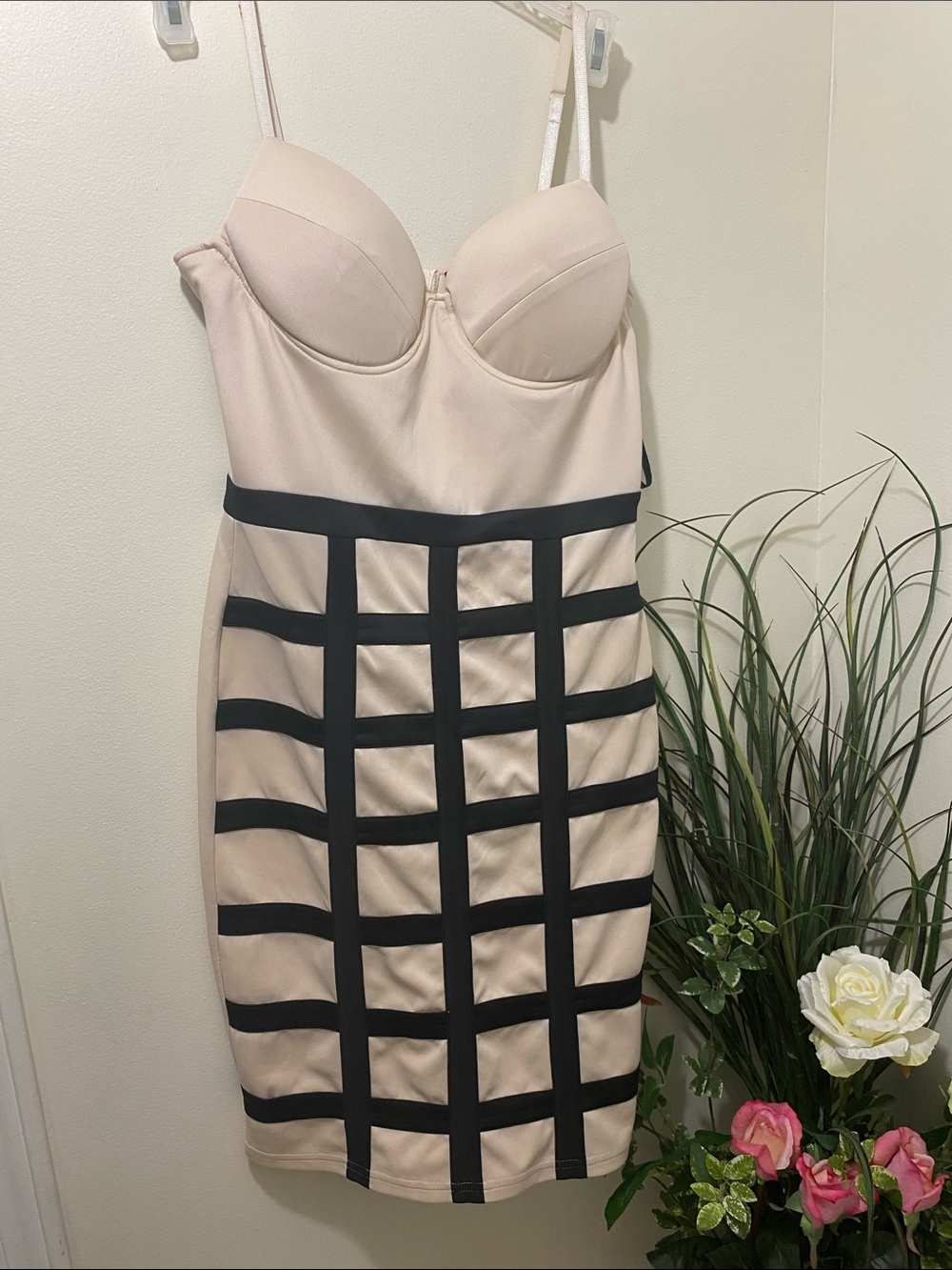 Beige and Black Grid Bodycon Dress - Women